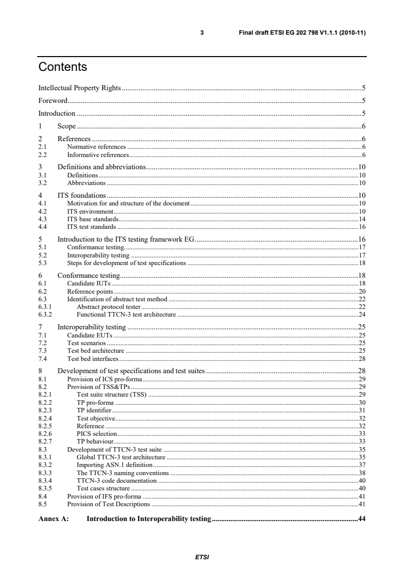 SIST-V ETSI/EG 202 798 V1.1.1:2011 eg_202798v010101m - Intelligent Transport Systems (ITS); Testing; Framework for conformance and interoperability testing - Page 3 preview