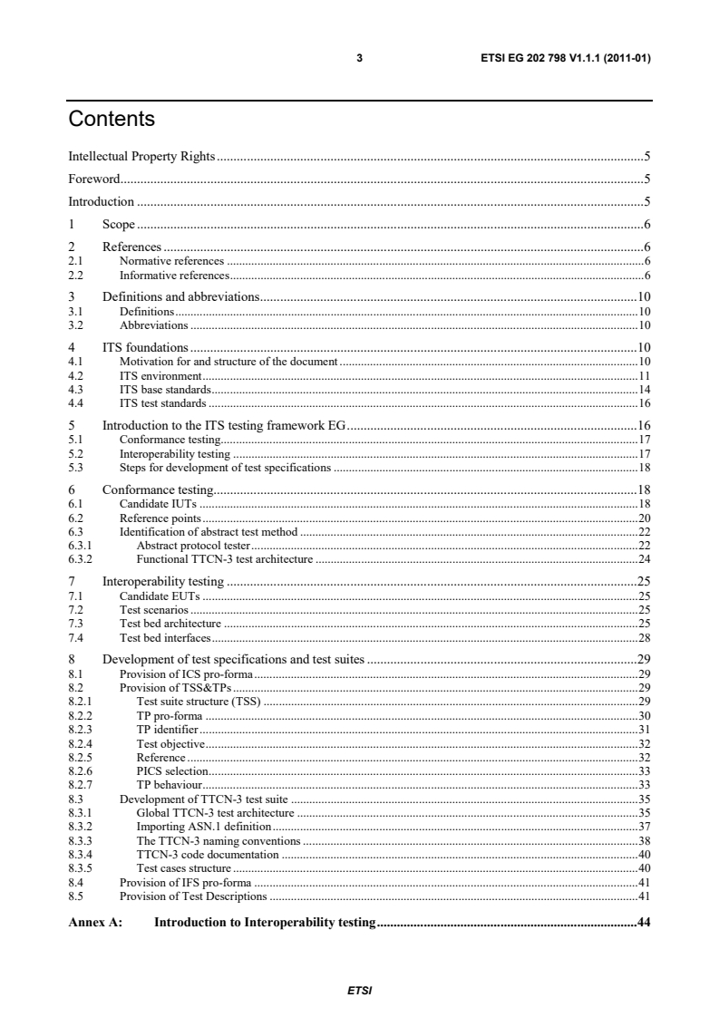 SIST-V ETSI/EG 202 798 V1.1.1:2011 eg_202798v010101p - Intelligent Transport Systems (ITS); Testing; Framework for conformance and interoperability testing - Page 3 preview