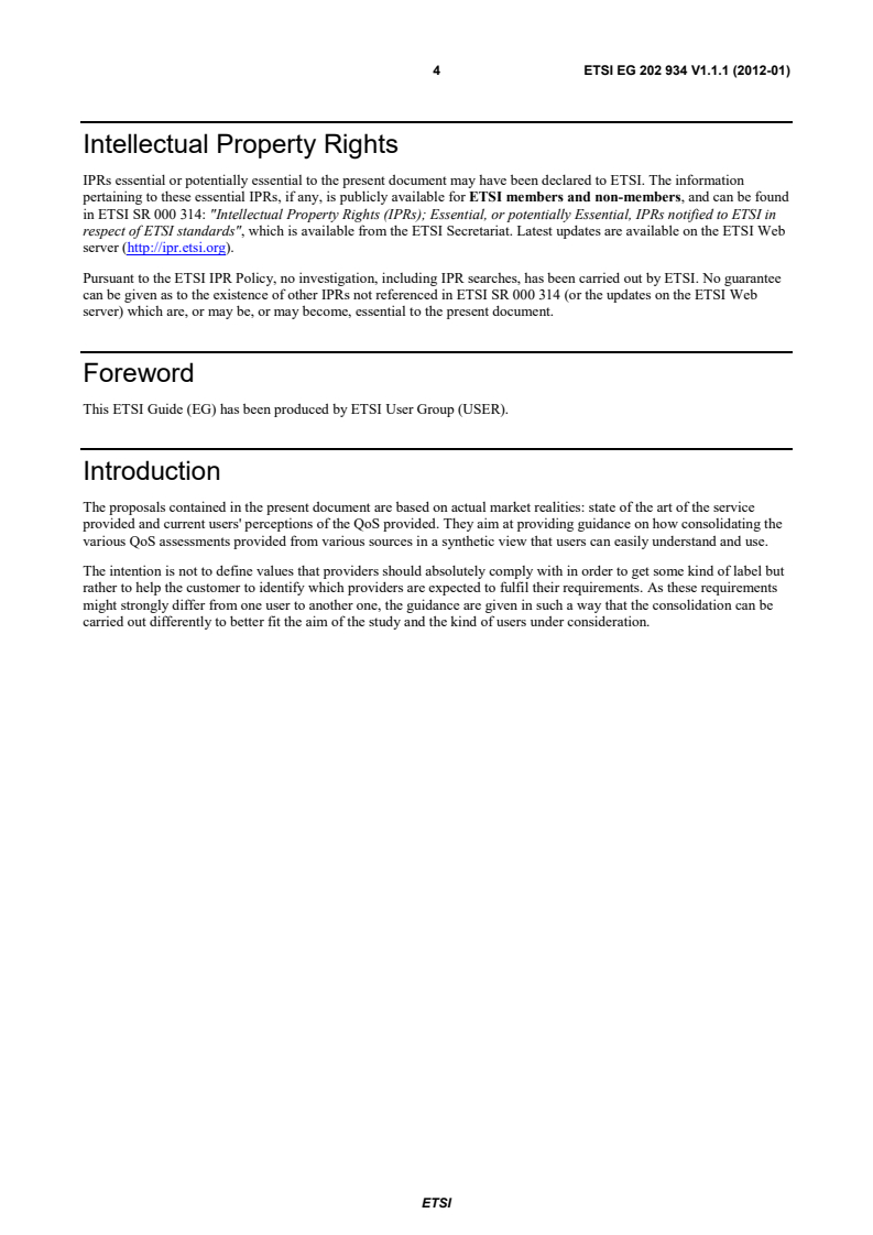 SIST-V ETSI/EG 202 934:2013 eg_202934v010101p - User Group; The assessment of the overall Quality of Services (QoS) as perceived by the users; Definition of QoS indexes for all the customer relationship stages - Page 4 preview