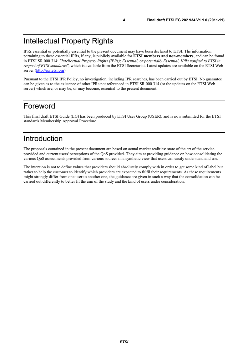 SIST-V ETSI/EG 202 934:2013 eg_202934v010100m - User Group; The assessment of the overall Quality of Services (QoS) as perceived by the users; Definition of QoS indexes for all the customer relationship stages - Page 4 preview