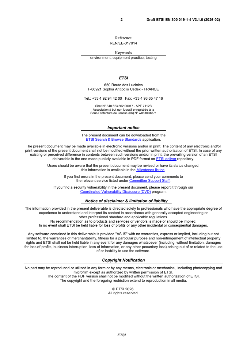 SIST EN 300 019-1-4 V3.1.1:2026 ETSI EN 300 019-1-4 V3.1.0 (2026-02) - Environmental Engineering (EE); Environmental conditions and environmental tests for telecommunications equipment; Part 1: Classification of environmental conditions; Sub-part 4: Stationary use at non-weatherprotected locations - Page 2 preview
