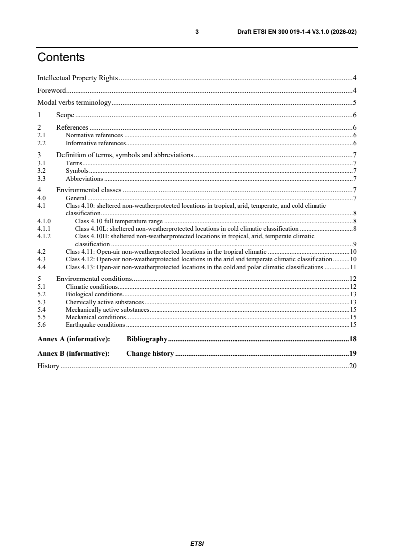 SIST EN 300 019-1-4 V3.1.1:2026 ETSI EN 300 019-1-4 V3.1.0 (2026-02) - Environmental Engineering (EE); Environmental conditions and environmental tests for telecommunications equipment; Part 1: Classification of environmental conditions; Sub-part 4: Stationary use at non-weatherprotected locations - Page 3 preview