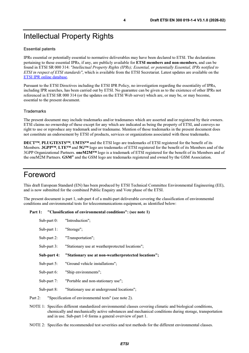 SIST EN 300 019-1-4 V3.1.1:2026 ETSI EN 300 019-1-4 V3.1.0 (2026-02) - Environmental Engineering (EE); Environmental conditions and environmental tests for telecommunications equipment; Part 1: Classification of environmental conditions; Sub-part 4: Stationary use at non-weatherprotected locations - Page 4 preview