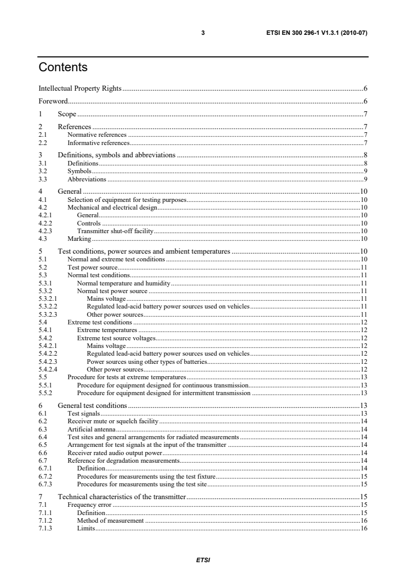 SIST EN 300 296-1 V1.3.1:2010 ETSI EN 300 296-1 V1.3.1 (2010-07) - Electromagnetic compatibility and Radio spectrum Matters (ERM); Land Mobile Service; Radio equipment using integral antennas intended primarily for analogue speech; Part 1: Technical characteristics and methods of measurement - Page 3 preview