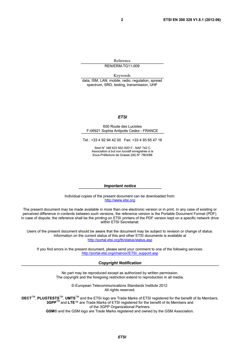 en_300328v010801p - Electromagnetic compatibility and Radio spectrum Matters (ERM); Wideband transmission systems; Data transmission equipment operating in the 2,4 GHz ISM band and using wide band modulation techniques; Harmonized EN covering the essential requirements of article 3.2 of the R&TTE Directive