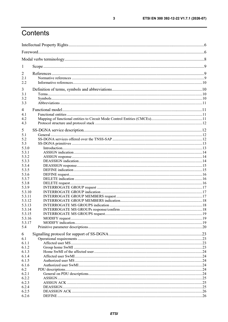 SIST EN 300 392-12-22 V1.7.1:2026 ETSI EN 300 392-12-22 V1.7.1 (2026-07) - Terrestrial Trunked Radio (TETRA); Voice plus Data (V+D); Part 12: Supplementary services stage 3; Sub-part 22: Dynamic Group Number Assignment (DGNA) - Page 3 preview