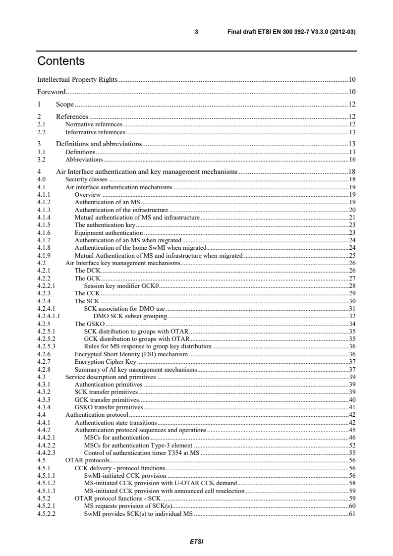 ETSI EN 300 392-7 V3.3.1 (2012-07) en_30039207v030300o - Terrestrial Trunked Radio (TETRA); Voice plus Data (V+D); Part 7: Security - Page 3 preview
