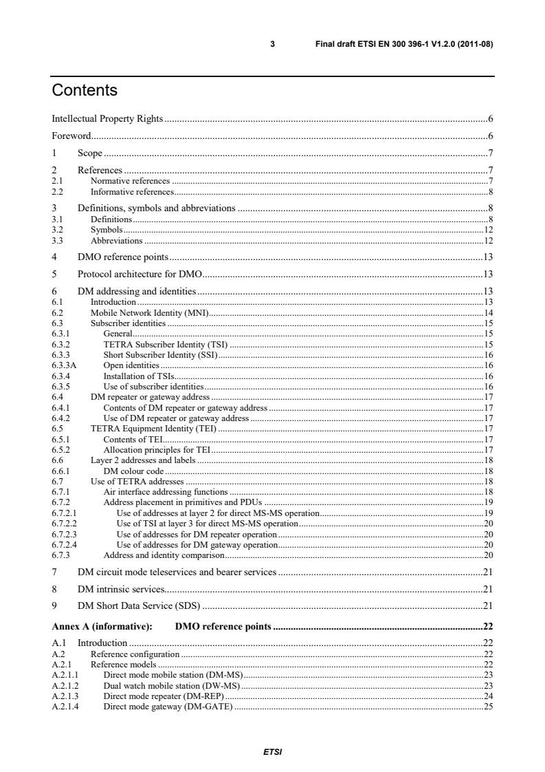 SIST EN 300 396-1 V1.2.1:2012 en_30039601v010200o - Terrestrial Trunked Radio (TETRA); Technical requirements for Direct Mode Operation (DMO); Part 1: General network design - Page 3 preview