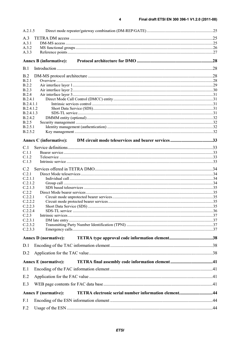 SIST EN 300 396-1 V1.2.1:2012 en_30039601v010200o - Terrestrial Trunked Radio (TETRA); Technical requirements for Direct Mode Operation (DMO); Part 1: General network design - Page 4 preview