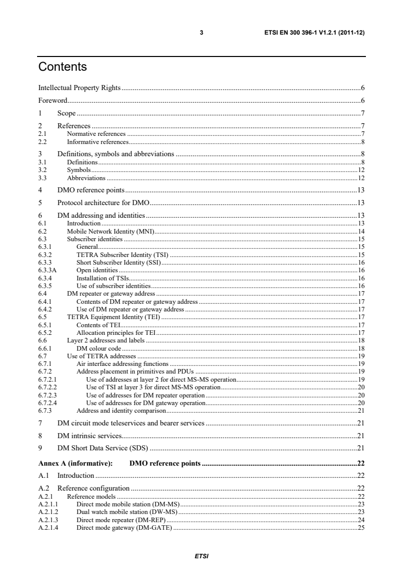 SIST EN 300 396-1 V1.2.1:2012 en_30039601v010201p - Terrestrial Trunked Radio (TETRA); Technical requirements for Direct Mode Operation (DMO); Part 1: General network design - Page 3 preview