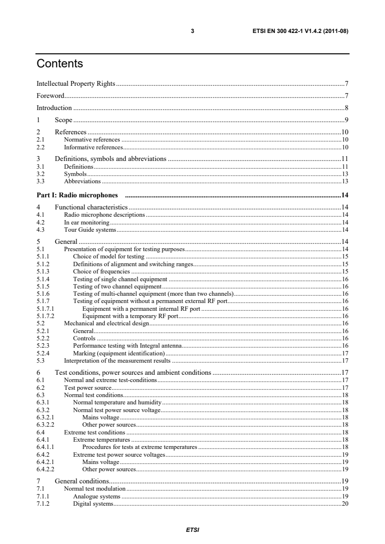 SIST EN 300 422-1 V1.4.2:2011 en_30042201v010402p - Electromagnetic compatibility and Radio spectrum Matters (ERM); Wireless microphones in the 25 MHz to 3 GHz frequency range; Part 1: Technical characteristics and methods of measurement - Page 3 preview
