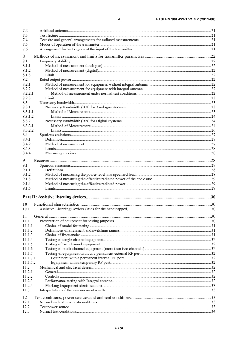 SIST EN 300 422-1 V1.4.2:2011 en_30042201v010402p - Electromagnetic compatibility and Radio spectrum Matters (ERM); Wireless microphones in the 25 MHz to 3 GHz frequency range; Part 1: Technical characteristics and methods of measurement - Page 4 preview