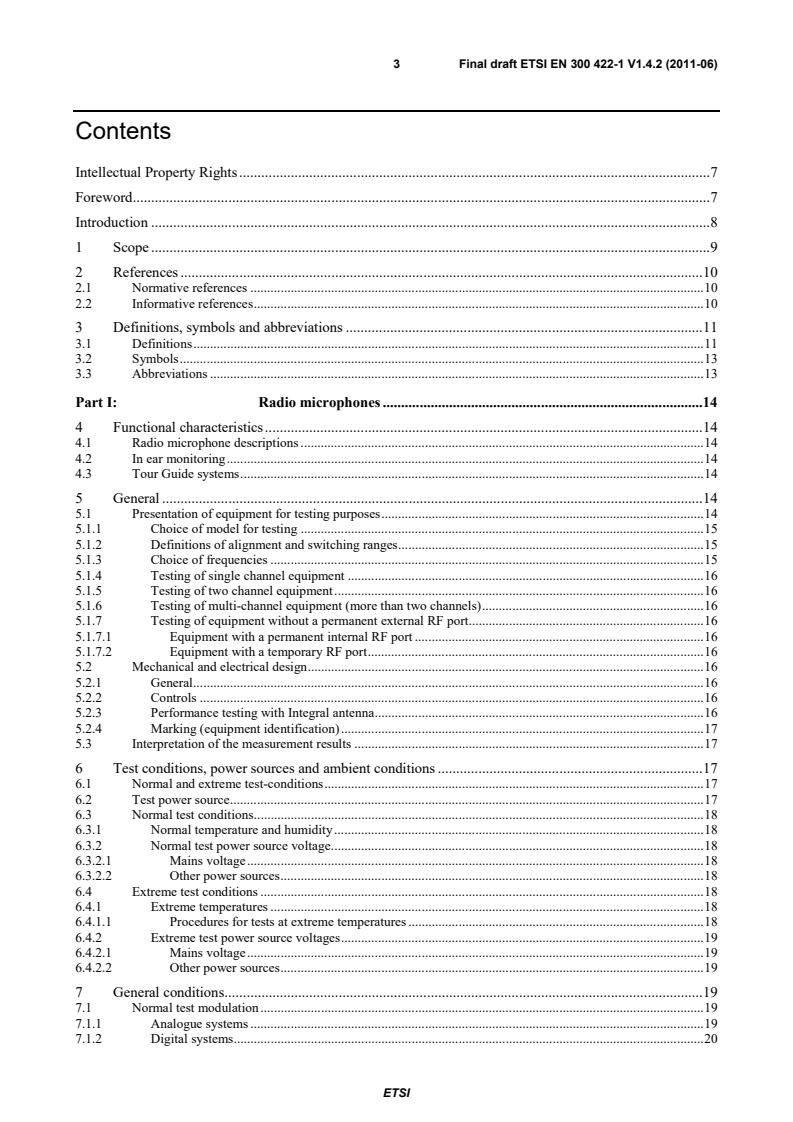 SIST EN 300 422-1 V1.4.2:2011 en_30042201v010402v - Electromagnetic compatibility and Radio spectrum Matters (ERM); Wireless microphones in the 25 MHz to 3 GHz frequency range; Part 1: Technical characteristics and methods of measurement - Page 3 preview