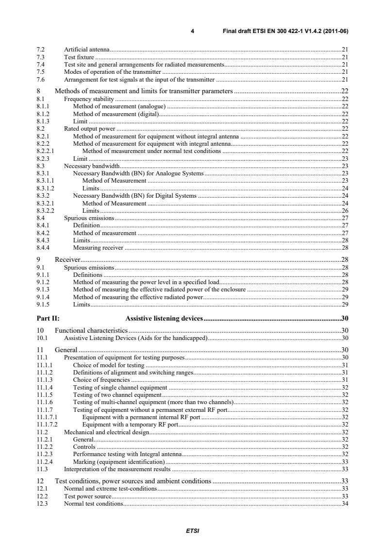 SIST EN 300 422-1 V1.4.2:2011 en_30042201v010402v - Electromagnetic compatibility and Radio spectrum Matters (ERM); Wireless microphones in the 25 MHz to 3 GHz frequency range; Part 1: Technical characteristics and methods of measurement - Page 4 preview