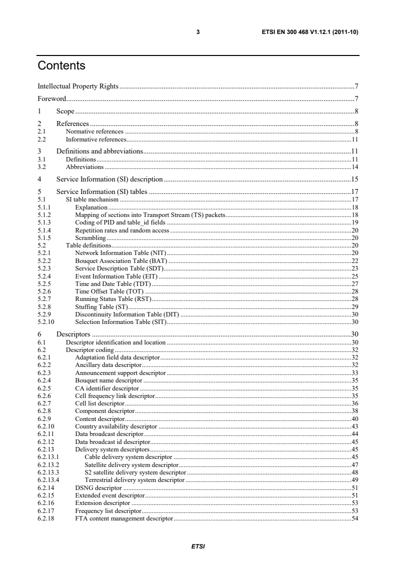 ETSI EN 300 468 V1.12.1 (2011-10) en_300468v011201p - Digital Video Broadcasting (DVB); Specification for Service Information (SI) in DVB systems - Page 3 preview