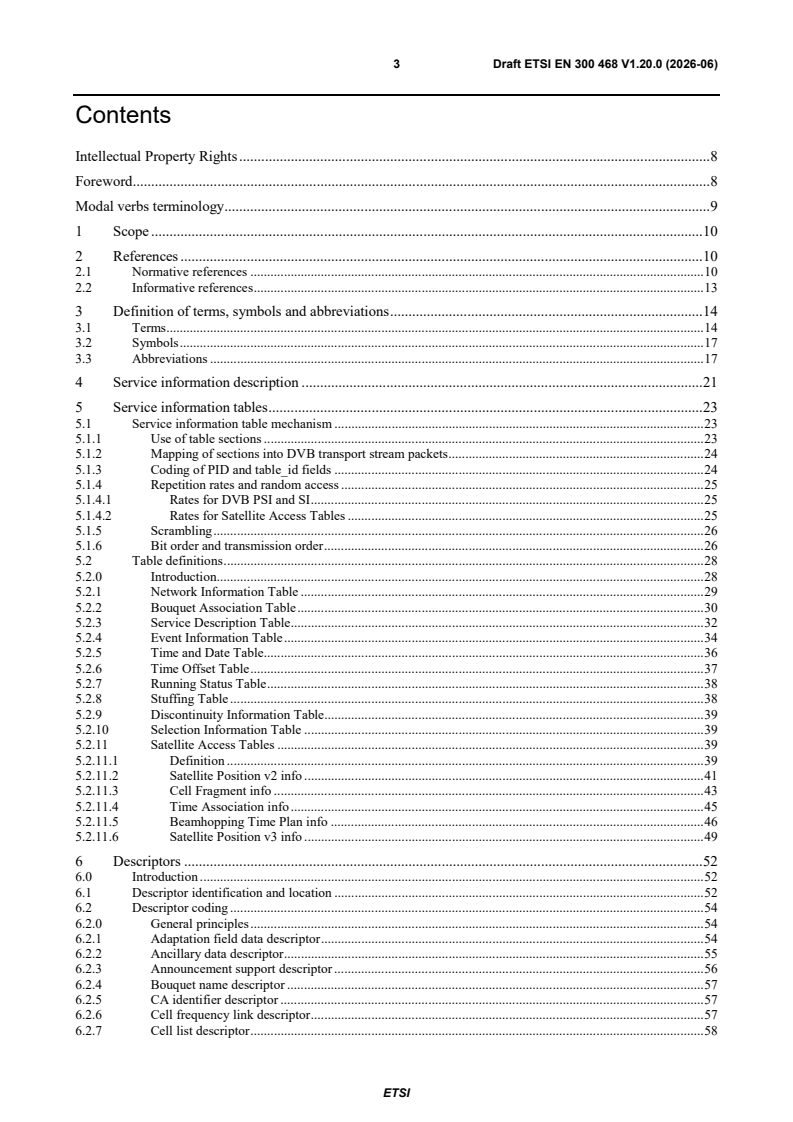 SIST EN 300 468 V1.20.1:2026 ETSI EN 300 468 V1.20.0 (2026-06) - Digital Video Broadcasting (DVB); Specification for Service Information (SI) in DVB systems - Page 3 preview