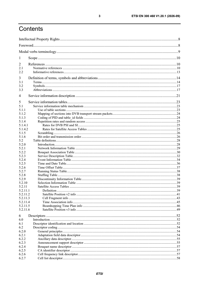 SIST EN 300 468 V1.20.1:2026 ETSI EN 300 468 V1.20.1 (2026-09) - Digital Video Broadcasting (DVB); Specification for Service Information (SI) in DVB systems - Page 3 preview