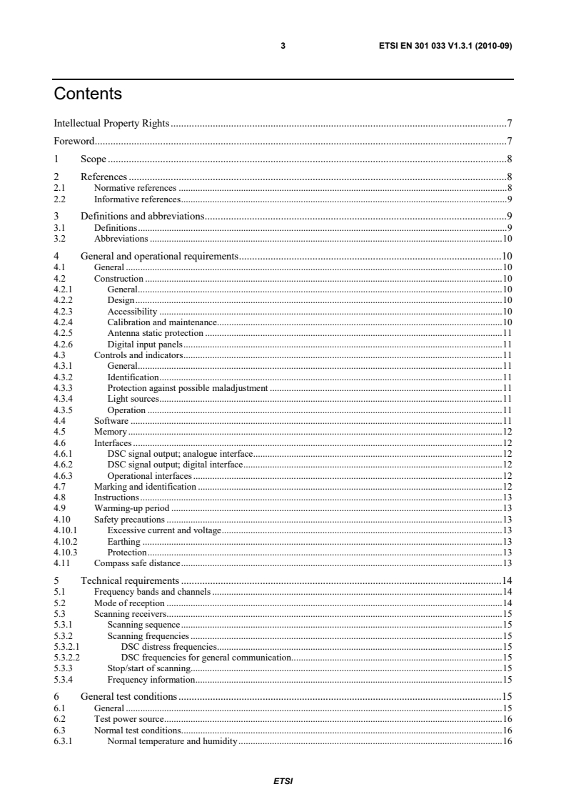 SIST EN 301 033 V1.3.1:2010 ETSI EN 301 033 V1.3.1 (2010-09) - Electromagnetic compatibility and Radio spectrum Matters (ERM); Technical characteristics and methods of measurement for shipborne watchkeeping receivers for reception of Digital Selective Calling (DSC) in the maritime MF, MF/HF and VHF bands - Page 3 preview