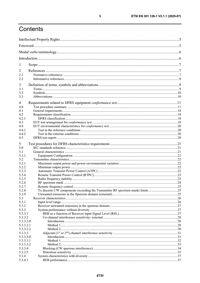SIST EN 301 126-1 V2.1.1:2025 ETSI EN 301 126-1 V2.1.1 (2025-07) - Fixed Radio Systems; Conformance testing; Part 1: Point-to-point equipment - Definitions, general requirements and test procedures - Page 3 preview