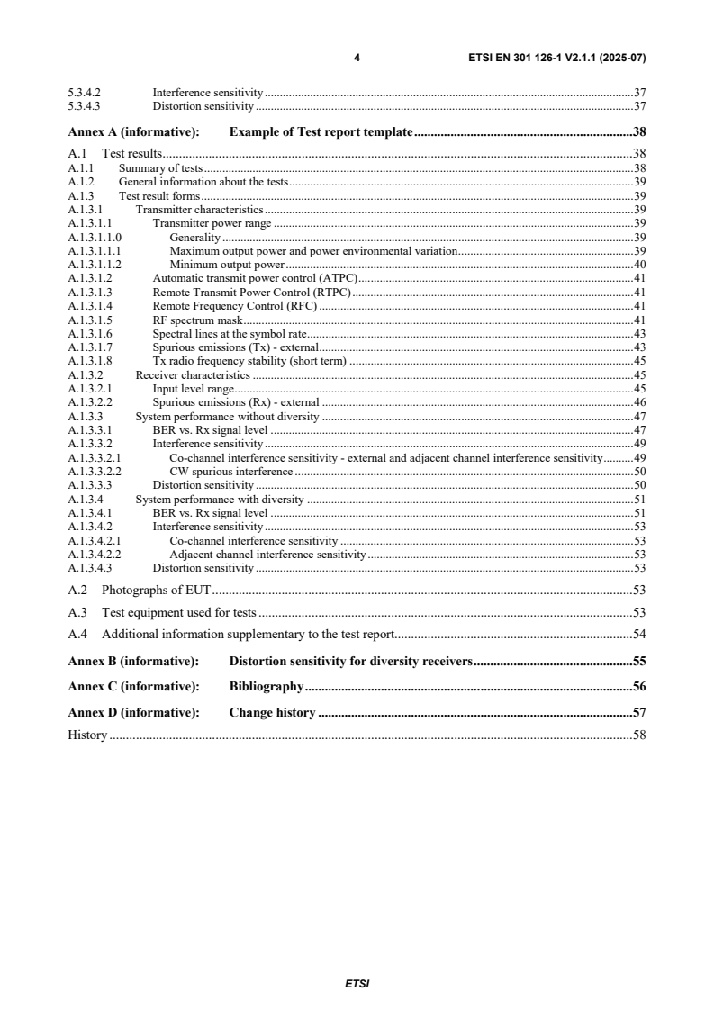 SIST EN 301 126-1 V2.1.1:2025 ETSI EN 301 126-1 V2.1.1 (2025-07) - Fixed Radio Systems; Conformance testing; Part 1: Point-to-point equipment - Definitions, general requirements and test procedures - Page 4 preview