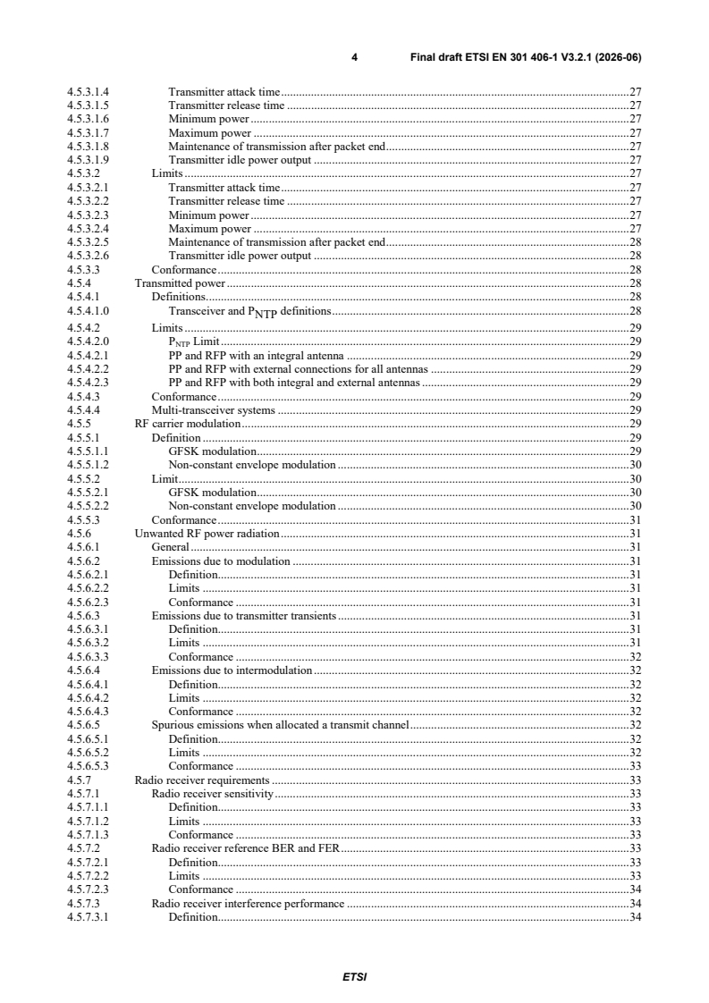 SIST EN 301 406-1 V3.2.1:2026 ETSI EN 301 406-1 V3.2.1 (2026-06) - Digital Enhanced Cordless Telecommunications (DECT); Harmonised Standard for access to radio spectrum; Part 1: DECT, DECT Evolution and DECT ULE - Page 4 preview