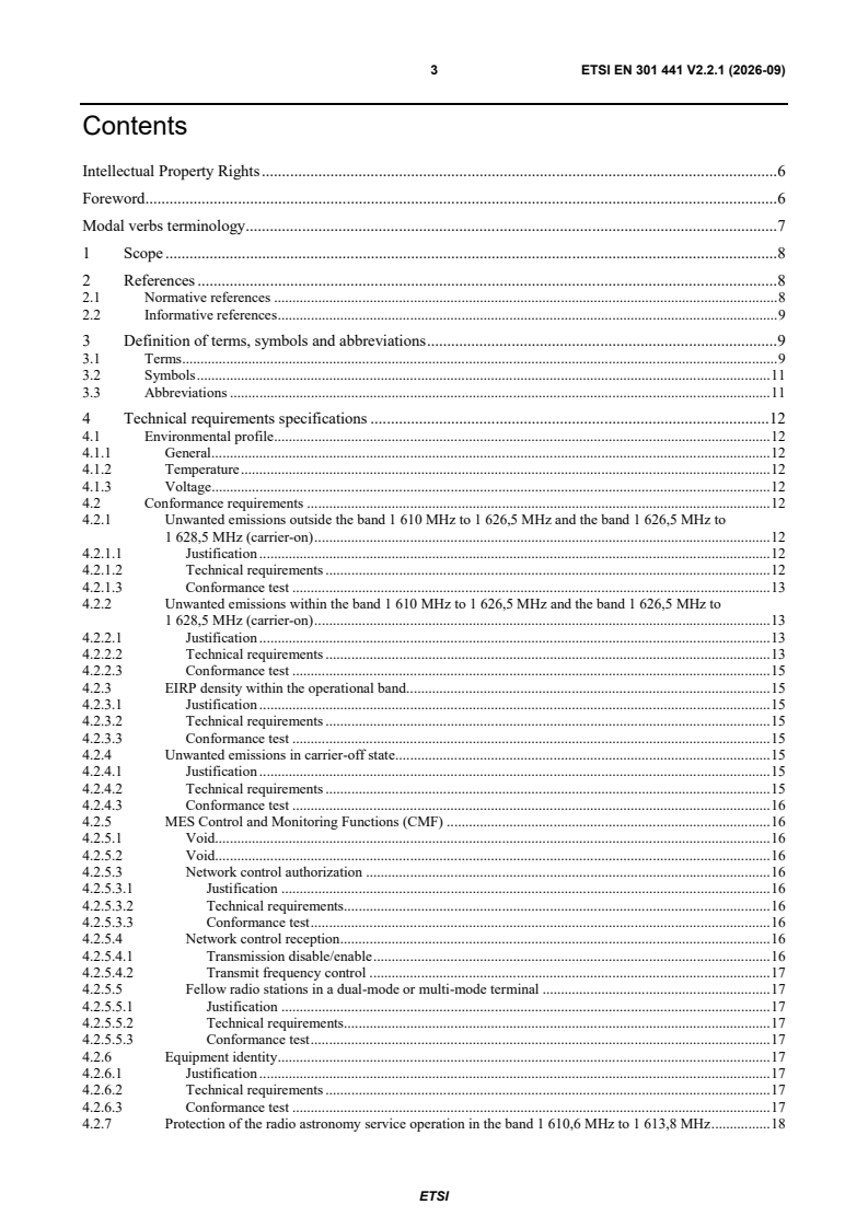 SIST EN 301 441 V2.2.1:2026 ETSI EN 301 441 V2.2.1 (2026-09) - Satellite Earth Stations and Systems (SES); Mobile Earth Stations (MES), including handheld earth stations, for Satellite Personal Communications Networks (S-PCN) operating in the 1,6 GHz/2,4 GHz frequency band under the Mobile Satellite Service (MSS); Harmonised Standard for access to radio spectrum - Page 3 preview