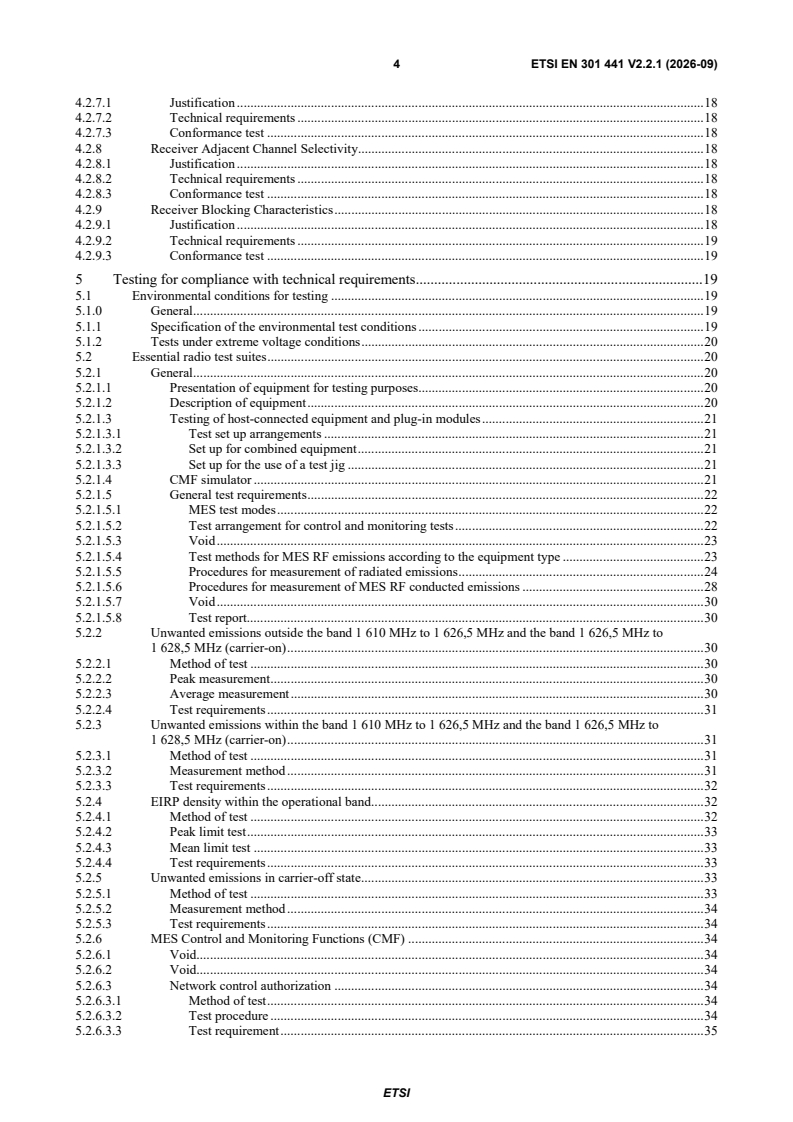 SIST EN 301 441 V2.2.1:2026 ETSI EN 301 441 V2.2.1 (2026-09) - Satellite Earth Stations and Systems (SES); Mobile Earth Stations (MES), including handheld earth stations, for Satellite Personal Communications Networks (S-PCN) operating in the 1,6 GHz/2,4 GHz frequency band under the Mobile Satellite Service (MSS); Harmonised Standard for access to radio spectrum - Page 4 preview
