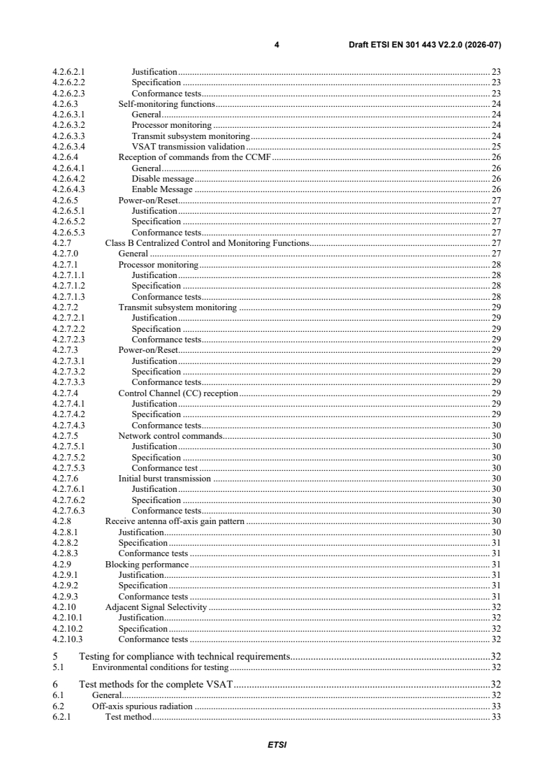 ETSI EN 301 443 V2.2.0 (2026-07) ETSI EN 301 443 V2.2.0 (2026-07) - Satellite Earth Stations and Systems (SES); Very Small Aperture Terminal (VSAT); Transmit-only, transmit-and-receive, receive-only satellite earth stations operating in the 4 GHz and 6 GHz frequency bands; Harmonised Standard for access to radio spectrum - Page 4 preview