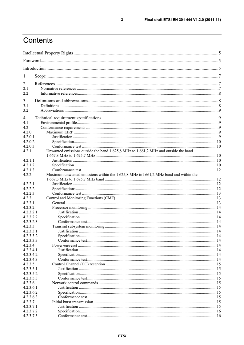 SIST EN 301 444 V1.2.1:2012 en_301444v010200v - Satellite Earth Stations and Systems (SES); Harmonized EN for Land Mobile Earth Stations (LMES) operating in the 1,5 GHz and 1,6 GHz bands providing voice and/or data communications covering essential requirements of Article 3.2 of the R&TTE directive - Page 3 preview