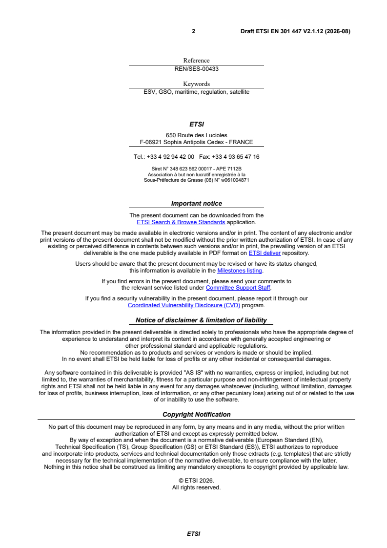 oSIST prEN 301 447 V2.1.12:2026 ETSI EN 301 447 V2.1.12 (2026-08) - Satellite Earth Stations and Systems (SES); Satellite Earth Stations on board Vessels (ESVs) operating in the 4/6 GHz frequency bands allocated to the Fixed Satellite Service (FSS); Harmonised Standard for access to radio spectrum - Page 2 preview