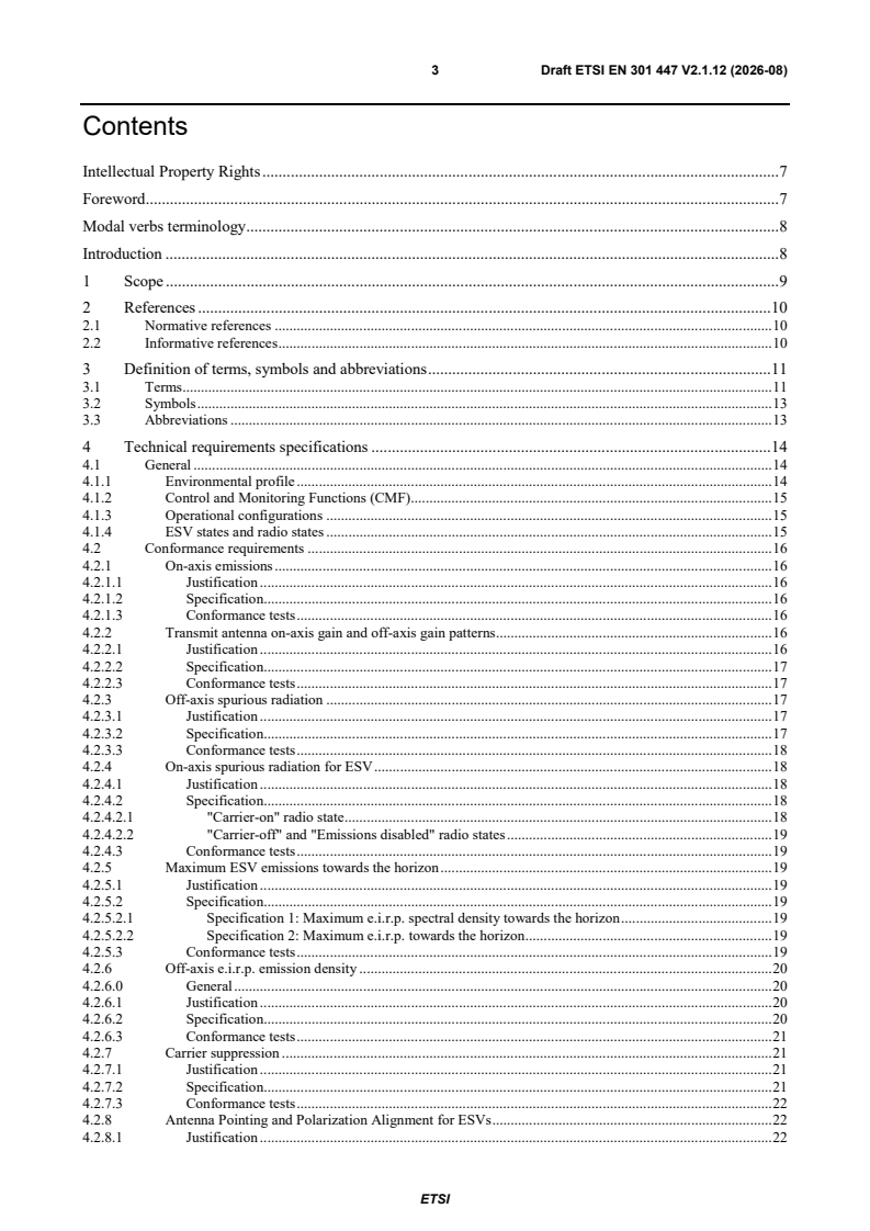oSIST prEN 301 447 V2.1.12:2026 ETSI EN 301 447 V2.1.12 (2026-08) - Satellite Earth Stations and Systems (SES); Satellite Earth Stations on board Vessels (ESVs) operating in the 4/6 GHz frequency bands allocated to the Fixed Satellite Service (FSS); Harmonised Standard for access to radio spectrum - Page 3 preview