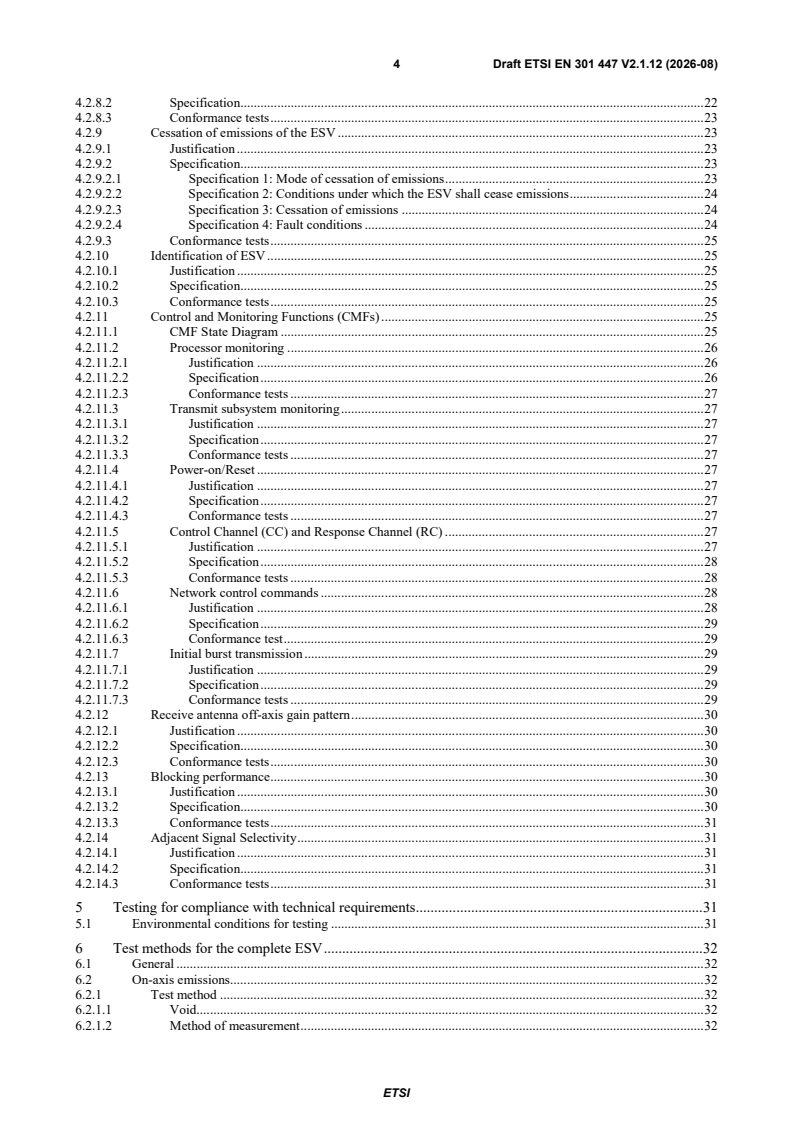 oSIST prEN 301 447 V2.1.12:2026 ETSI EN 301 447 V2.1.12 (2026-08) - Satellite Earth Stations and Systems (SES); Satellite Earth Stations on board Vessels (ESVs) operating in the 4/6 GHz frequency bands allocated to the Fixed Satellite Service (FSS); Harmonised Standard for access to radio spectrum - Page 4 preview