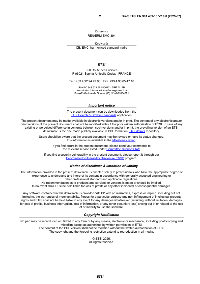 ETSI EN 301 489-13 V2.0.0 (2025-07) - ElectroMagnetic Compatibility (EMC) standard for radio equipment and services; Part 13: Specific conditions for Citizens' Band (CB) radio and ancillary equipment; Harmonised Standard for ElectroMagnetic Compatibility