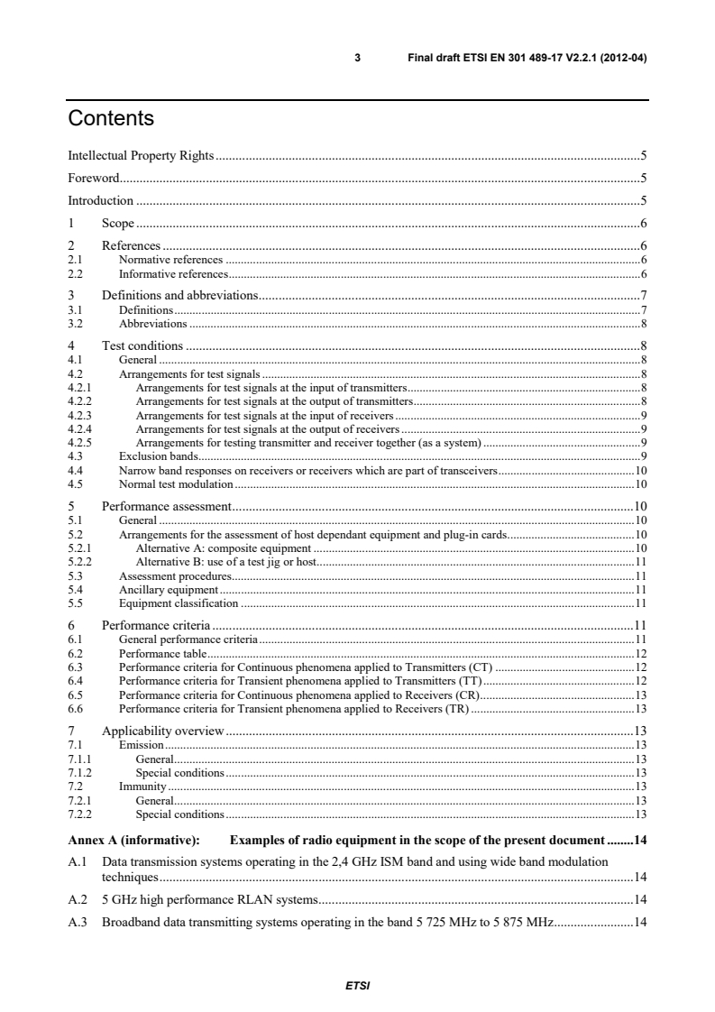 ETSI EN 301 489-17 V2.2.1 (2012-09) en_30148917v020201o - Electromagnetic compatibility and Radio spectrum Matters (ERM); ElectroMagnetic Compatibility (EMC) standard for radio equipment; Part 17: Specific conditions for Broadband Data Transmission Systems - Page 3 preview
