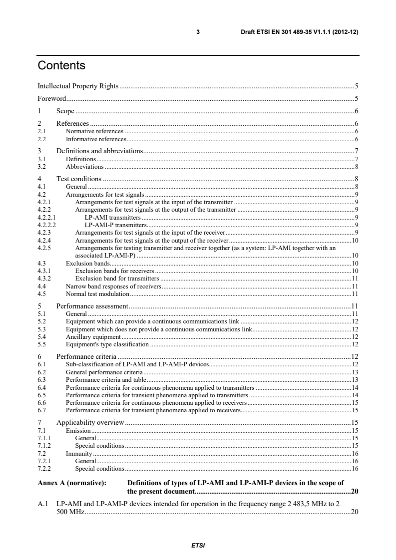 SIST EN 301 489-35 V1.1.2:2013 ETSI EN 301 489-35 V1.1.1 (2012-12) - Electromagnetic compatibility and Radio spectrum Matters (ERM); ElectroMagnetic Compatibility (EMC) standard for radio equipment and services; Part 35: Specific requirements for Low Power Active Medical Implants (LP-AMI) operating in the 2 483,5 MHz to 2 500 MHz bands - Page 3 preview