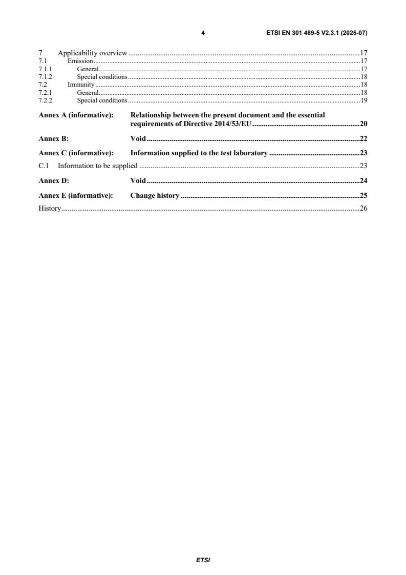 SIST EN 301 489-5 V2.3.1:2026 ETSI EN 301 489-5 V2.3.1 (2025-07) - ElectroMagnetic Compatibility (EMC) standard for radio equipment and services; Part 5: Specific conditions for Private land Mobile Radio (PMR) and ancillary equipment (speech and non-speech) and Terrestrial Trunked Radio (TETRA); Harmonised Standard for ElectroMagnetic Compatibility - Page 4 preview