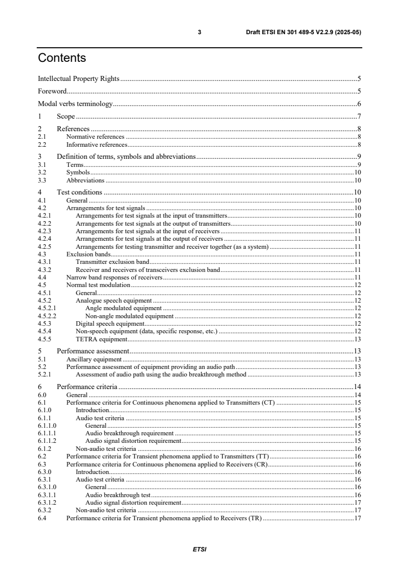 SIST EN 301 489-5 V2.3.1:2026 ETSI EN 301 489-5 V2.2.9 (2025-05) - ElectroMagnetic Compatibility (EMC) standard for radio equipment and services; Part 5: Specific conditions for Private land Mobile Radio (PMR) and ancillary equipment (speech and non-speech) and Terrestrial Trunked Radio (TETRA); Harmonised Standard for ElectroMagnetic Compatibility - Page 3 preview
