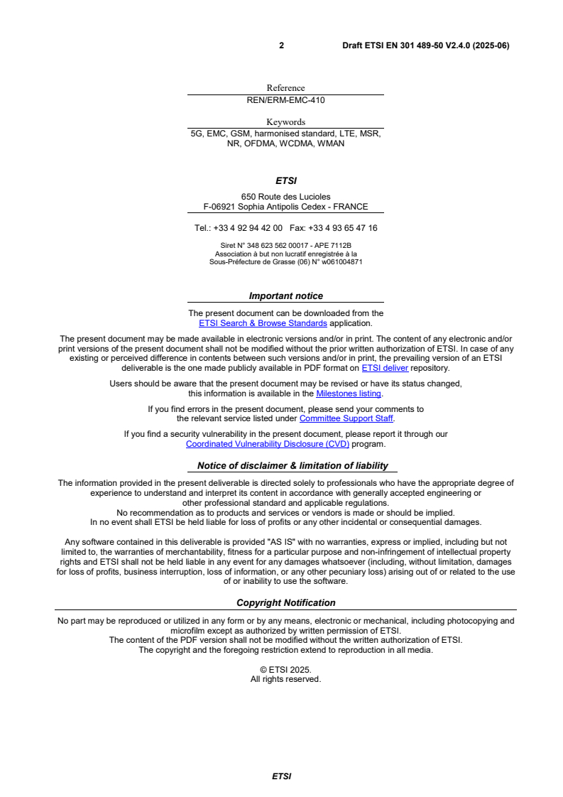 ETSI EN 301 489-50 V2.4.0 (2025-06) - ElectroMagnetic Compatibility (EMC) standard for radio equipment and services; Part 50: Specific conditions for Cellular Communication Base Station (BS), repeater and ancillary equipment; Harmonised Standard for ElectroMagnetic Compatibility