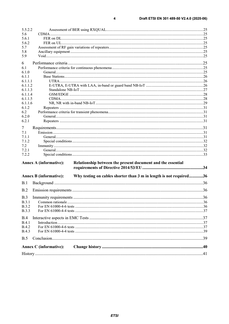 SIST EN 301 489-50 V2.4.1:2025 ETSI EN 301 489-50 V2.4.0 (2025-06) - ElectroMagnetic Compatibility (EMC) standard for radio equipment and services; Part 50: Specific conditions for Cellular Communication Base Station (BS), repeater and ancillary equipment; Harmonised Standard for ElectroMagnetic Compatibility - Page 4 preview