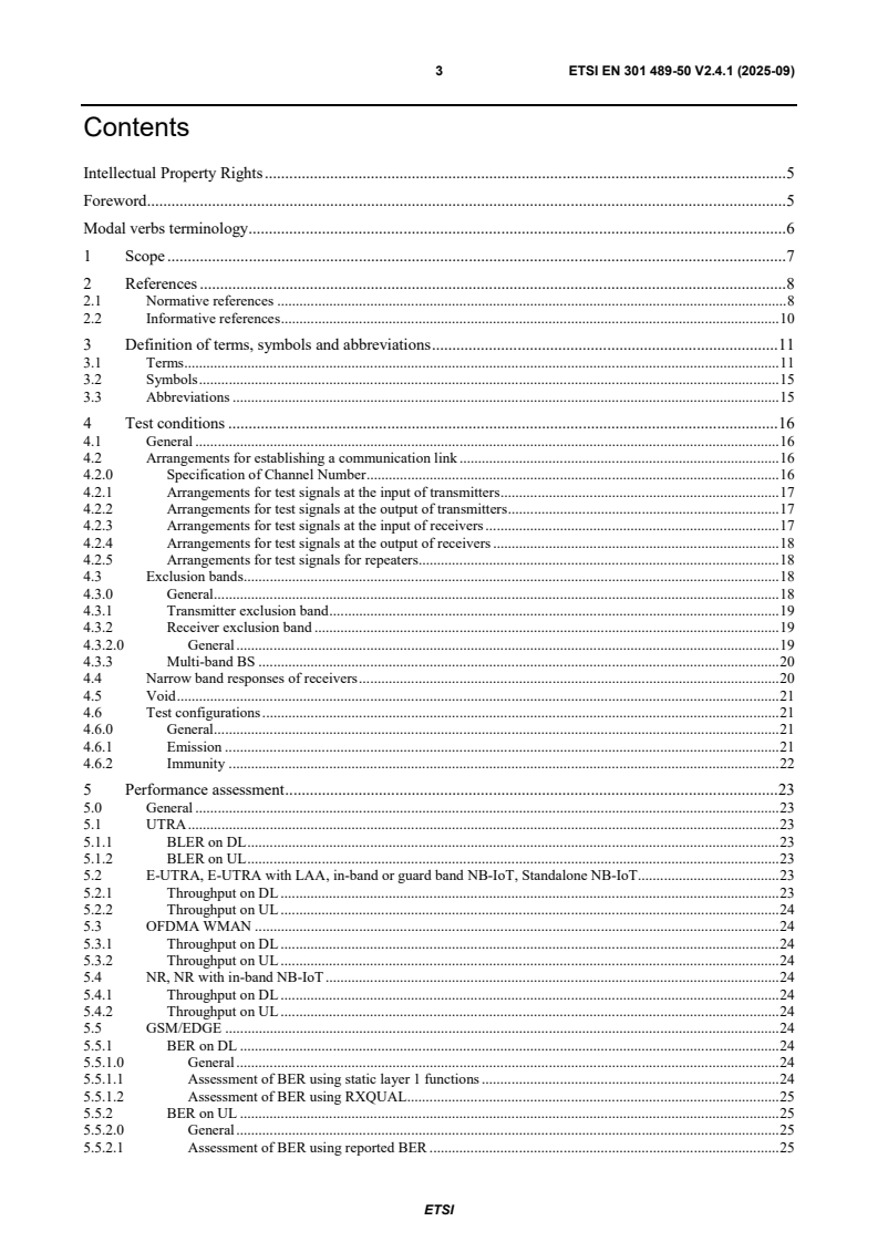 SIST EN 301 489-50 V2.4.1:2025 ETSI EN 301 489-50 V2.4.1 (2025-09) - ElectroMagnetic Compatibility (EMC) standard for radio equipment and services; Part 50: Specific conditions for Cellular Communication Base Station (BS), repeater and ancillary equipment; Harmonised Standard for ElectroMagnetic Compatibility - Page 3 preview