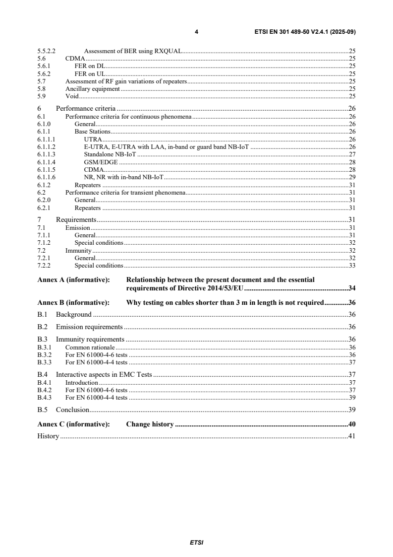 SIST EN 301 489-50 V2.4.1:2025 ETSI EN 301 489-50 V2.4.1 (2025-09) - ElectroMagnetic Compatibility (EMC) standard for radio equipment and services; Part 50: Specific conditions for Cellular Communication Base Station (BS), repeater and ancillary equipment; Harmonised Standard for ElectroMagnetic Compatibility - Page 4 preview