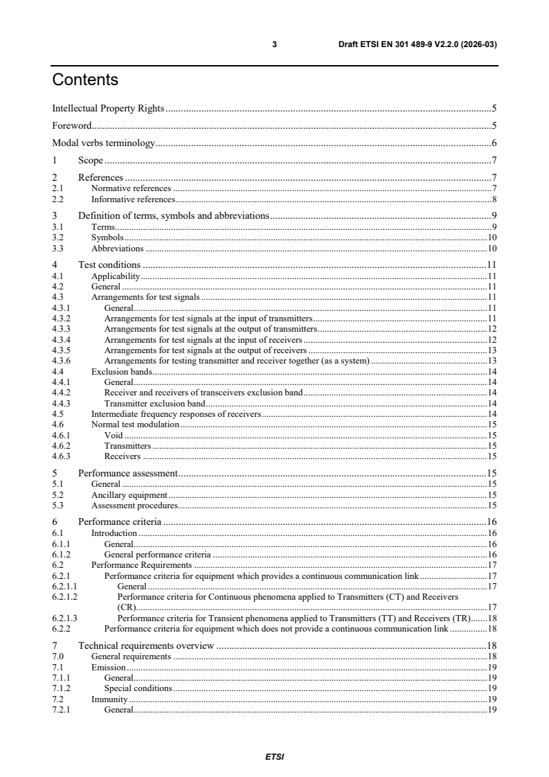 SIST EN 301 489-9 V2.2.1:2026 ETSI EN 301 489-9 V2.2.0 (2026-03) - ElectroMagnetic Compatibility (EMC) standard for radio equipment and services; Part 9: Specific conditions for wireless microphones, similar Radio Frequency (RF) audio link equipment, cordless audio, in-ear monitoring and assistive listening devices; Harmonised Standards for ElectroMagnetic Compatibility - Page 3 preview