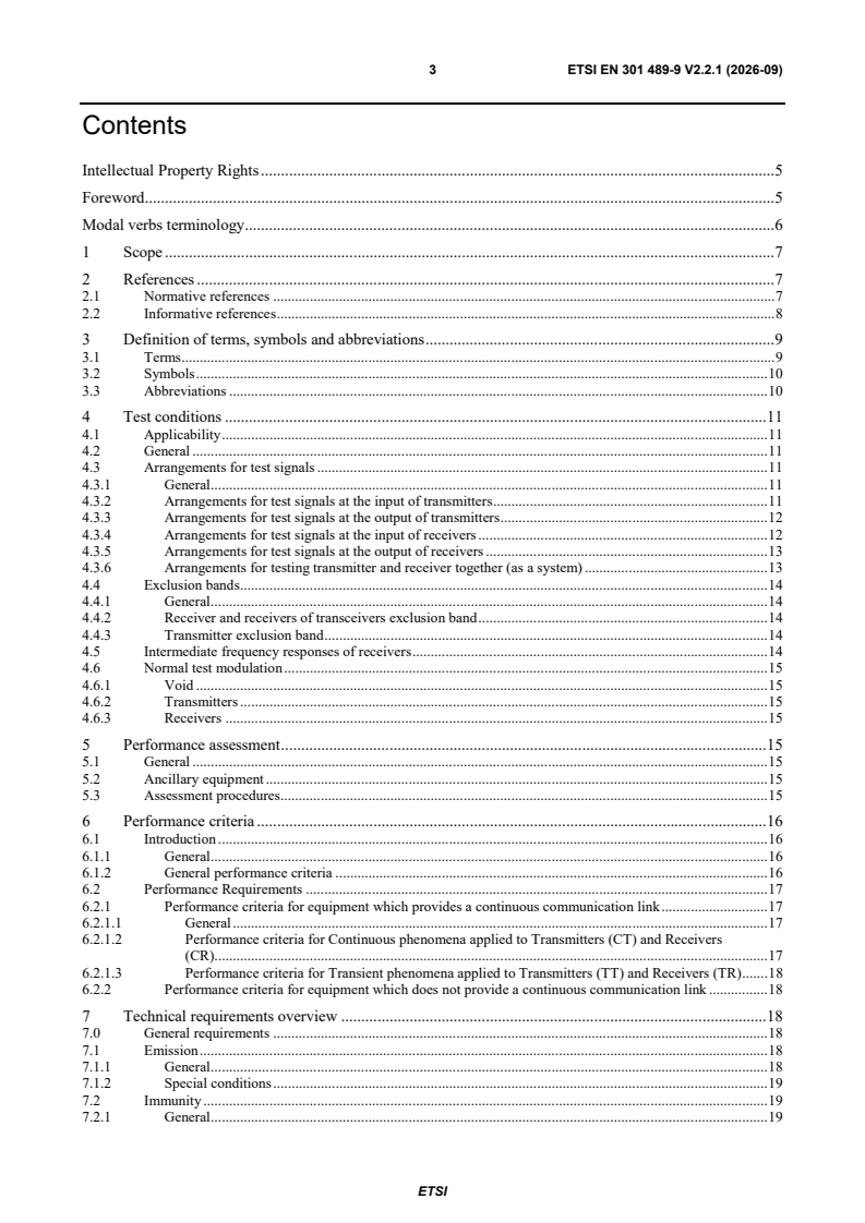 SIST EN 301 489-9 V2.2.1:2026 ETSI EN 301 489-9 V2.2.1 (2026-09) - ElectroMagnetic Compatibility (EMC) standard for radio equipment and services; Part 9: Specific conditions for wireless microphones, similar Radio Frequency (RF) audio link equipment, cordless audio, in-ear monitoring and assistive listening devices; Harmonised Standard for ElectroMagnetic Compatibility - Page 3 preview