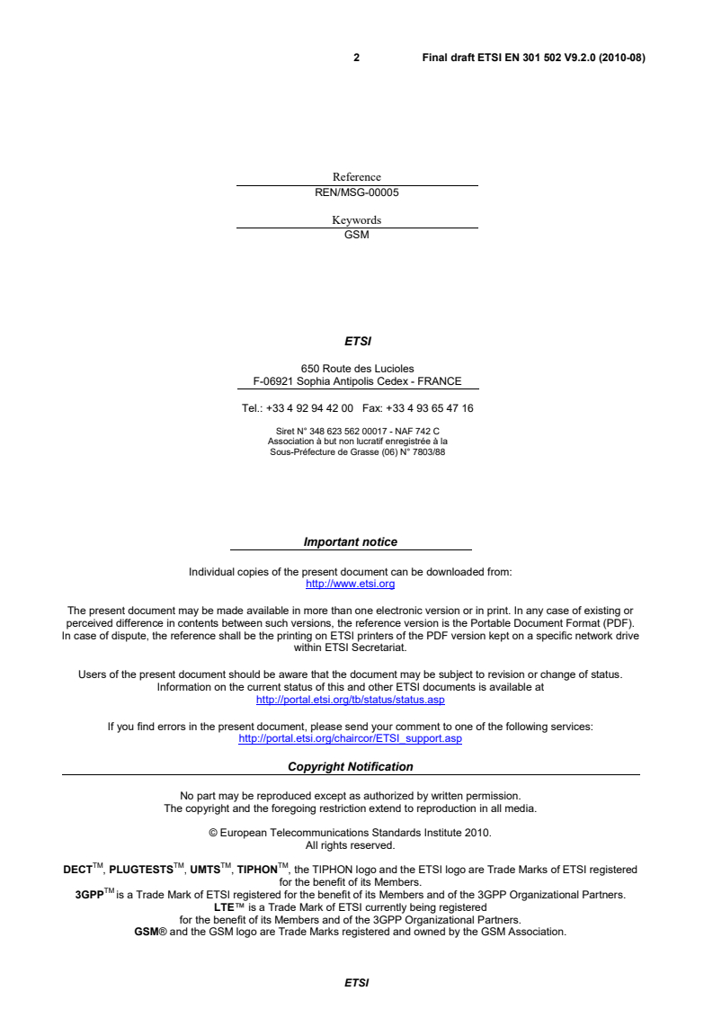 ETSI EN 301 502 V9.2.0 (2010-08) - Global System for Mobile communications (GSM); Harmonized EN for Base Station Equipment covering the essential requirements of article 3.2 of the R&TTE Directive