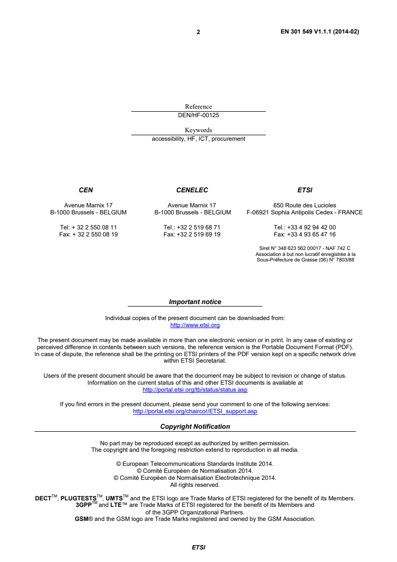 ETSI EN 301 549 V1.1.1 (2014-02) - Accessibility requirements suitable for public procurement of ICT products and services in Europe