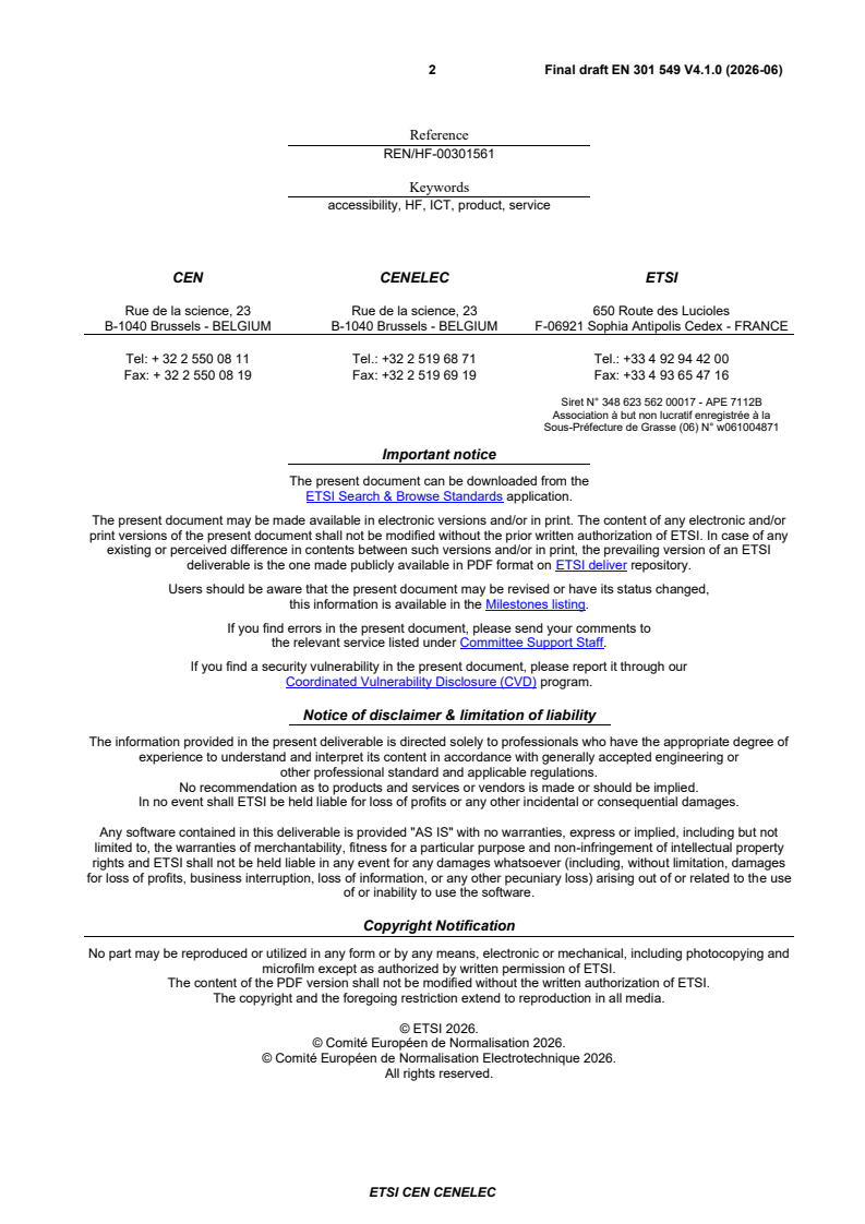 SIST EN 301 549 V4.1.1:2026 ETSI EN 301 549 V4.1.0 (2026-06) - Accessibility requirements for ICT products and services - Page 2 preview