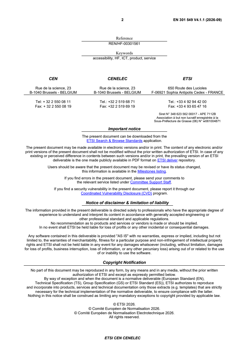 SIST EN 301 549 V4.1.1:2026 ETSI EN 301 549 V4.1.1 (2026-09) - Accessibility requirements for ICT products and services - Page 2 preview