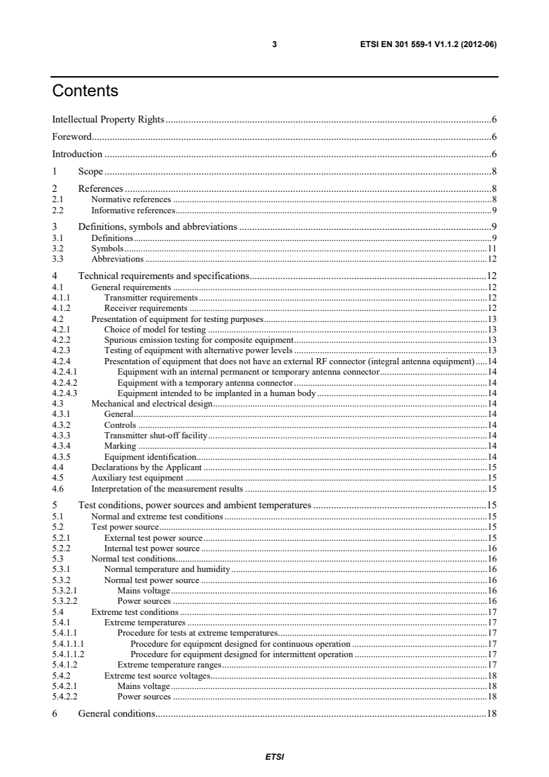 SIST EN 301 559-1 V1.1.2:2012 en_30155901v010102p - Electromagnetic compatibility and Radio spectrum Matters (ERM); Short Range Devices (SRD); Low Power Active Medical Implants (LP-AMI) operating in the frequency range 2 483,5 MHz to 2 500 MHz; Part 1: Technical characteristics and test methods - Page 3 preview