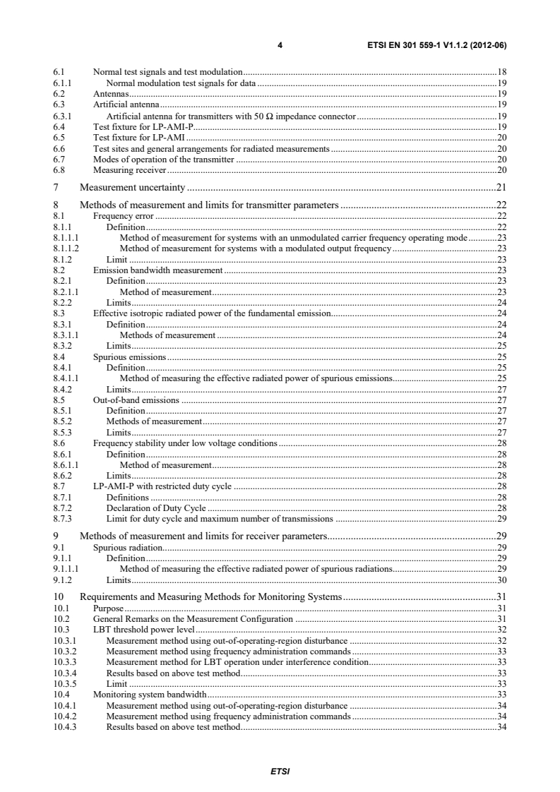 SIST EN 301 559-1 V1.1.2:2012 en_30155901v010102p - Electromagnetic compatibility and Radio spectrum Matters (ERM); Short Range Devices (SRD); Low Power Active Medical Implants (LP-AMI) operating in the frequency range 2 483,5 MHz to 2 500 MHz; Part 1: Technical characteristics and test methods - Page 4 preview