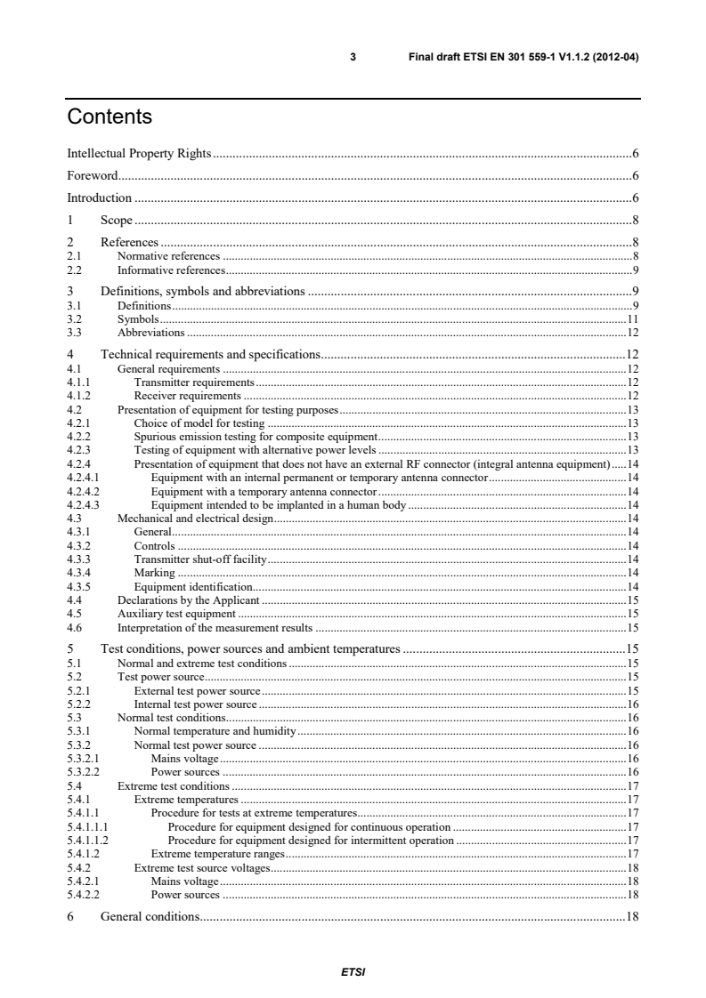 SIST EN 301 559-1 V1.1.2:2012 en_30155901v010102v - Electromagnetic compatibility and Radio spectrum Matters (ERM); Short Range Devices (SRD); Low Power Active Medical Implants (LP-AMI) operating in the frequency range 2 483,5 MHz to 2 500 MHz; Part 1: Technical characteristics and test methods - Page 3 preview